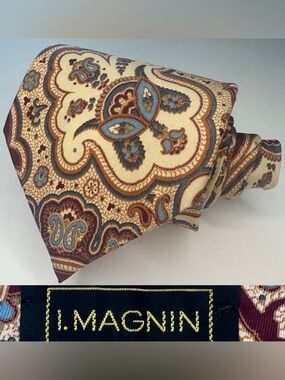 Vintage I. MAGNIN Paisley Classic Luxury Silk Tie in Cream, Blue & Brown, 3.75”